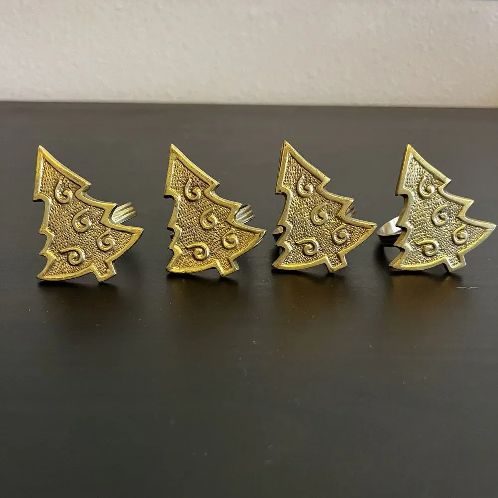 Set of 4‎ Vintage Brass Christmas Tree Napkin Rings